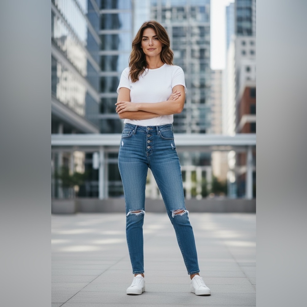 FRAME Le High Skinny Jeans — Button Fly, Distressed, Medium Wash